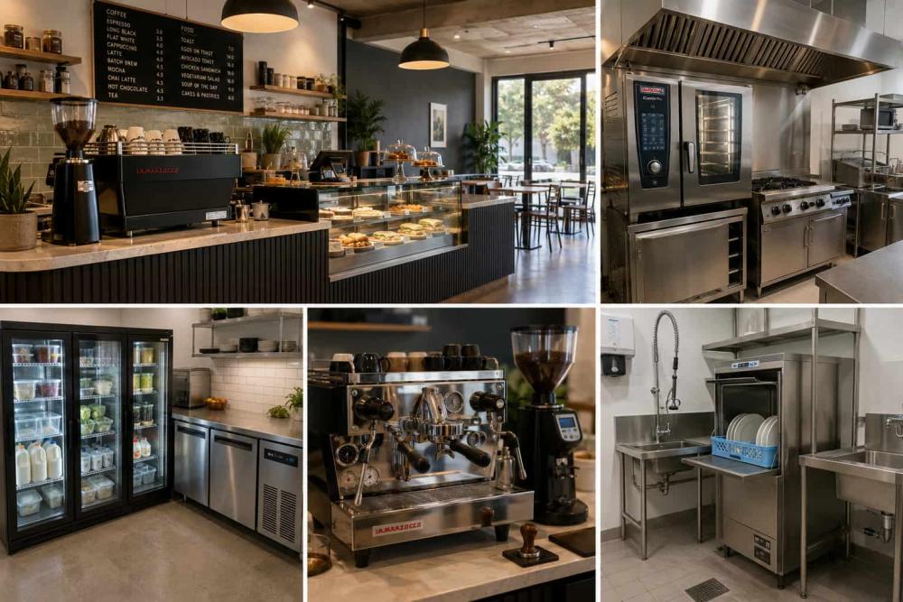 Collage of images of a cafe