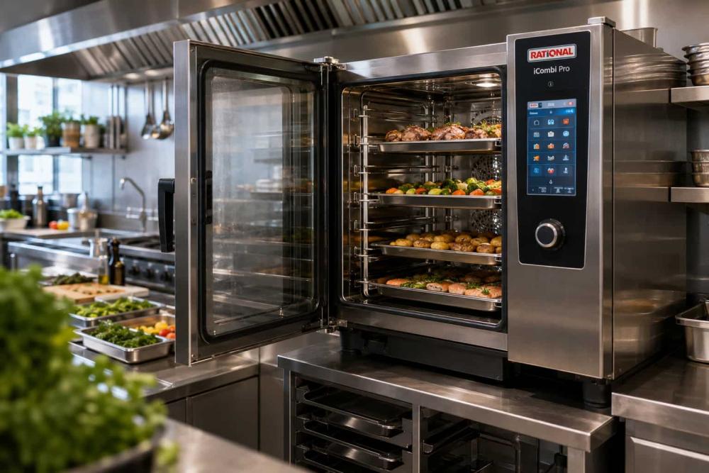 Combi oven with food inside
