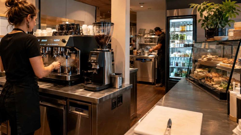 Cafe worker making coffee