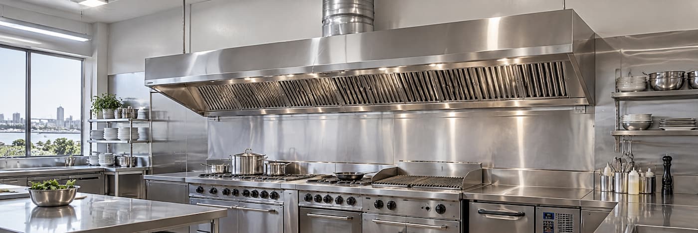 Stainless steel commercial kitchen extraction canopy and ductwork above a cooking line