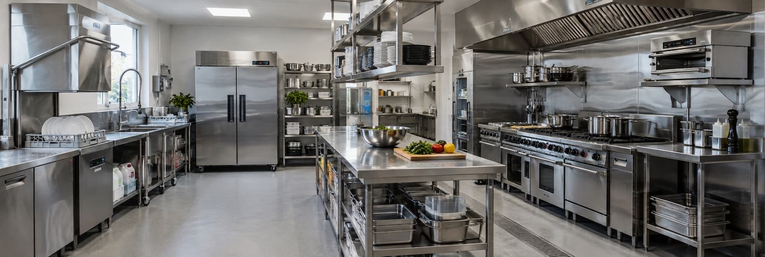 Commercial kitchen with preparation island, cooking line, refrigeration and wash-up area