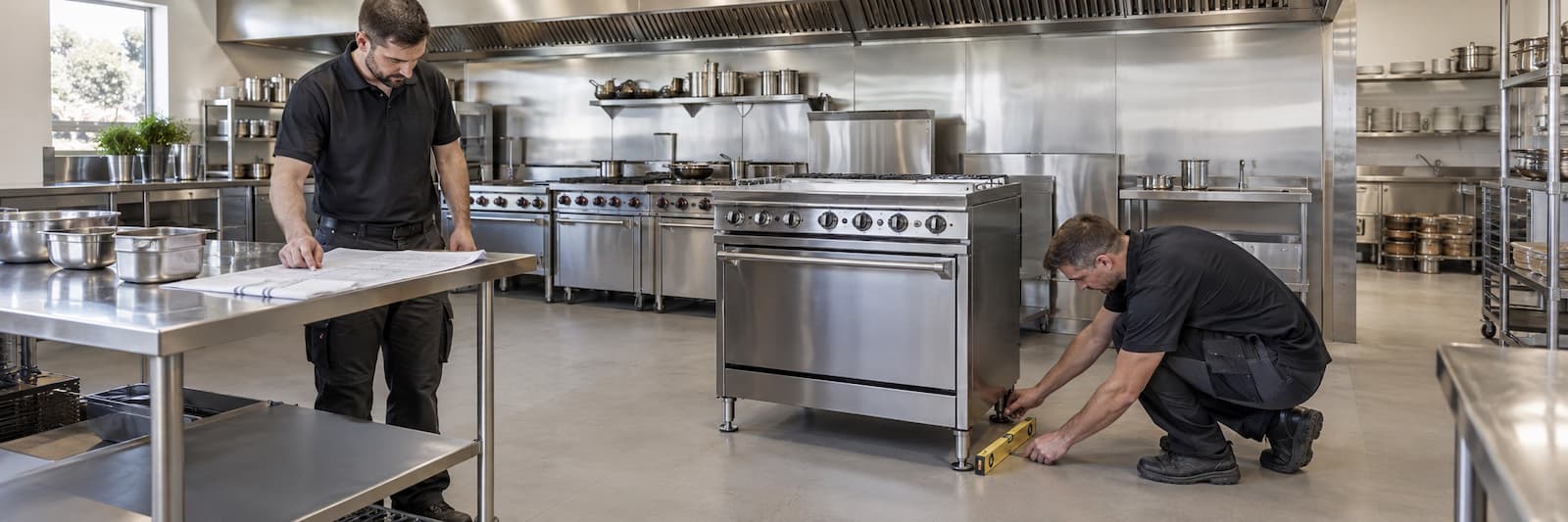 Technicians checking the position and level of a commercial oven during installation