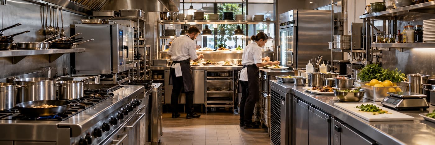 Restaurant cooking line, preparation benches and chefs working at the pass